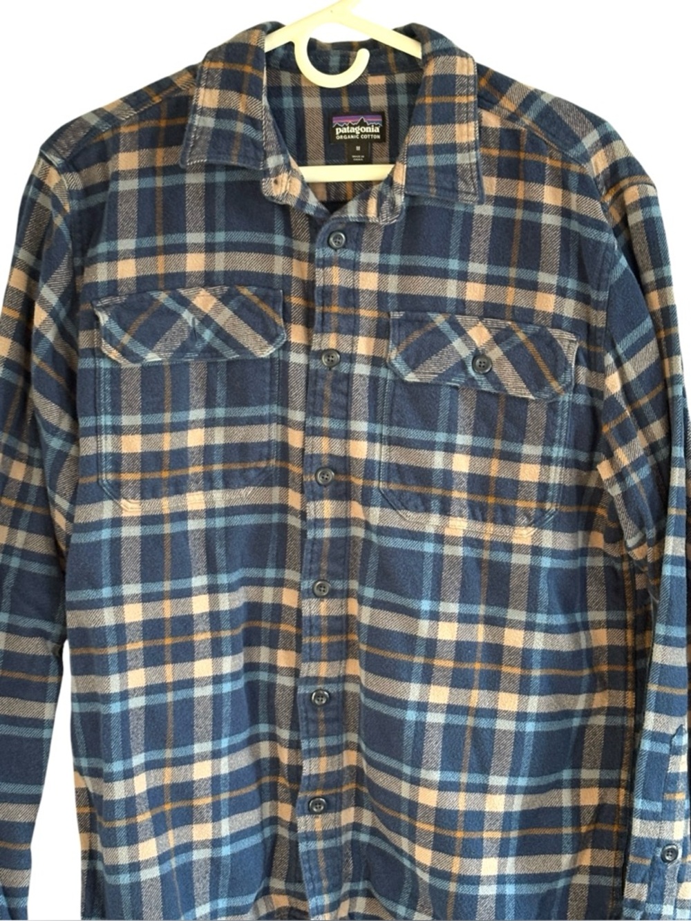 Patagonia Fjord Flannel- Blue and Tan Plaid Button-Down Shirt